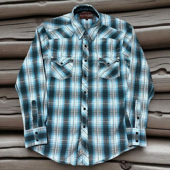 Rock & Roll Cowboy Shirt M Plaid Snap Medium Pearl Snap Western Rodeo 82SS429 - Picture 1 of 3